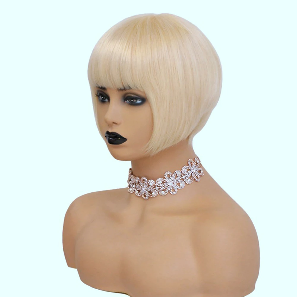 Cheap Short Bob Wig Natural Hair 100% Human Hair Wigs With Bangs Colored Blonde Wigs Remy Glueless Brazilian Hair Wigs For Women