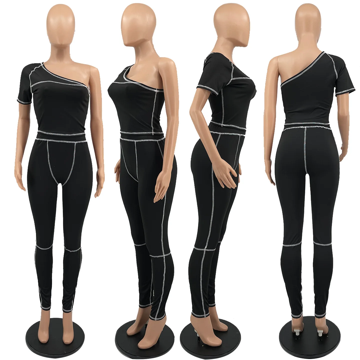 

Summer 2021 Activewear Solid Striped Jumpsuit Women Sexy Off One Shoulder Short Sleeve Casual Leggings Slim Overalls for Women