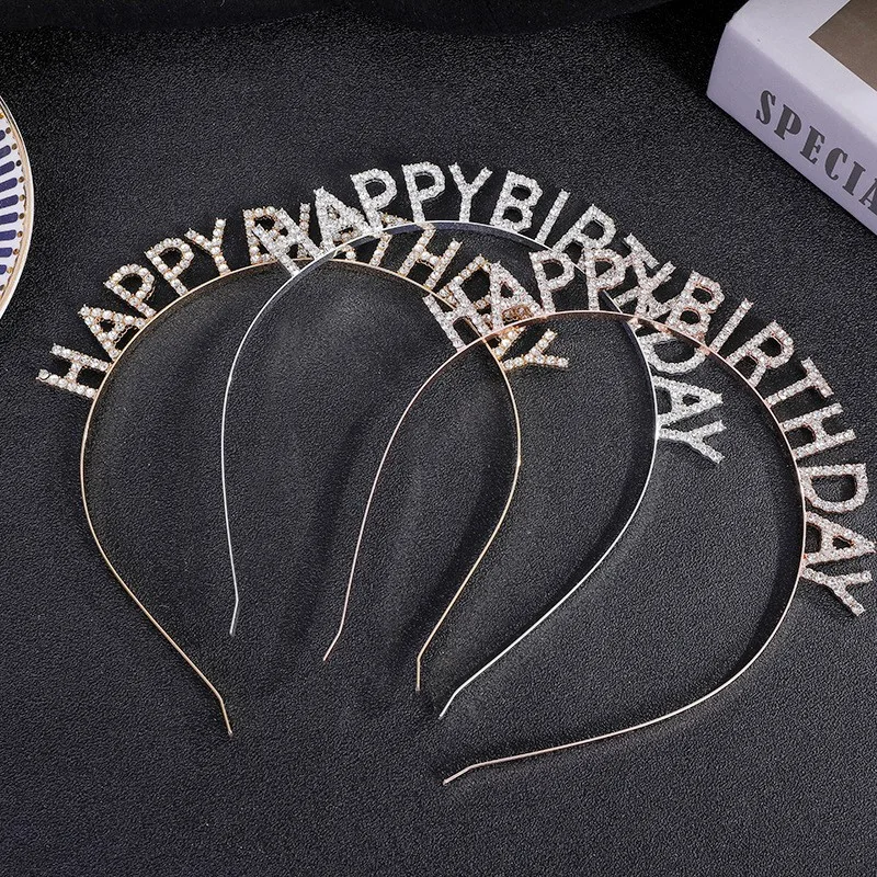 

Rose Gold Silver Color Headbands Happy Birthday Hair Hoop Hairbands Fashion Hair Accessories Rhinestone Girls Kids Women Crowns