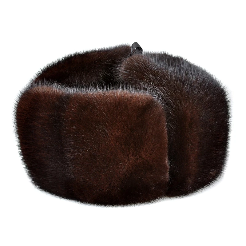 LUXURY Winter Thicked Genuine Mink Fur Bomber Hat For Man Black/Brown Tag Elderly Ear Warm Chapeau Motorcycle Russian Caps Gift