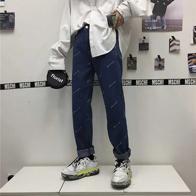 Корея Harajuku мужские джинсы осенние ретро уличные Джокер Свободные прямые