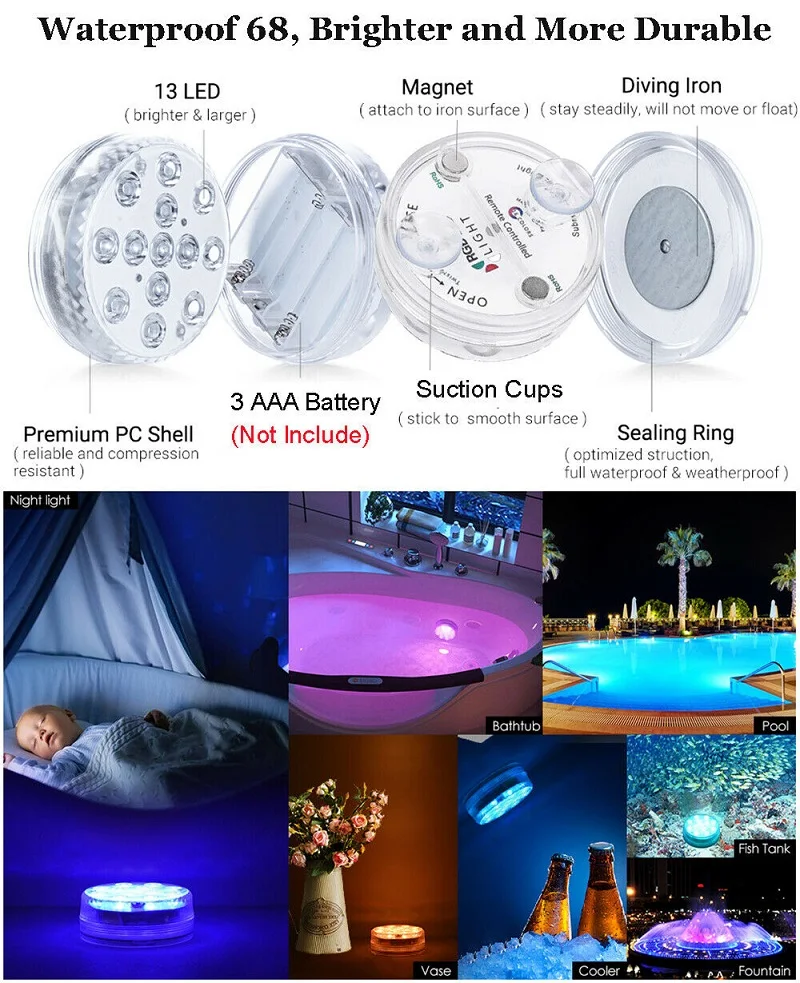 

13 LED Wireless Underwater Lights 16-Color RF remote control Waterproof Pool Lights Diving light with magnet sucker fish tank