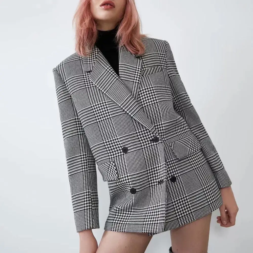 Женский твидовый пиджак ZA style повседневный винтажный в клетку шерстяной с узором