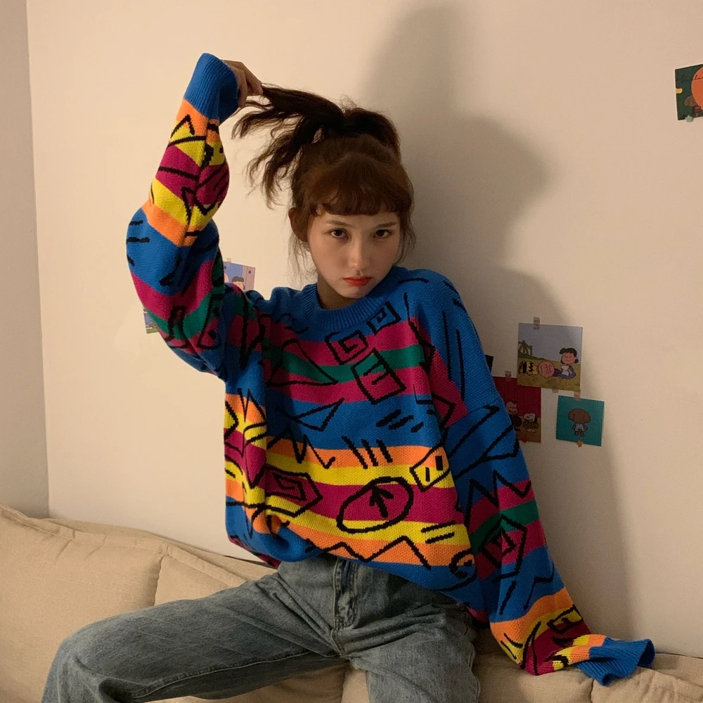 

2020 Autumn Women New Graffiti Hit Color Pullover Sweater Streetwear Loose Cute Colored Geometric Striped Knitted Tops