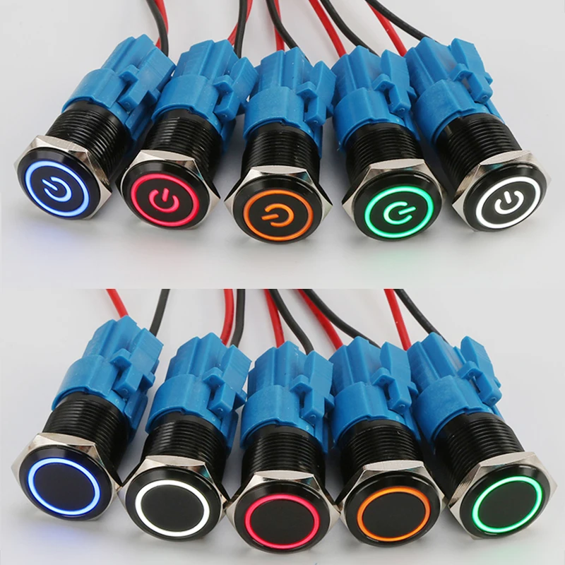 12/16/19/22mm Momentary Reset Latching Lock Black Shell Metal Push Button Switch Waterproof LED Light Flat Round 6V 12V 220V |