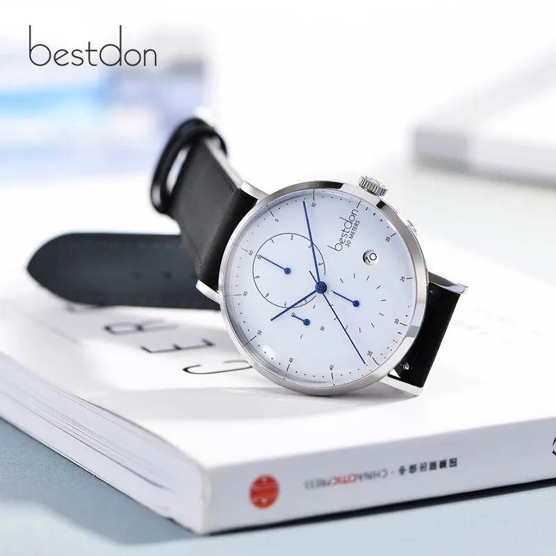 Bestdon Мужские часы с хронографом изогнутые Роскошные Водонепроницаемые кожаные