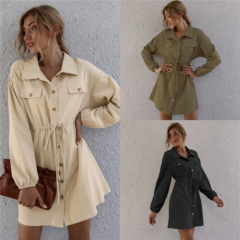 

HIRIGIN 2020 Women Dress Autumn Fashion Double Pockets Breasted Belt Shirt Dresses Long Sleeve Buttons Up High Waist Vestidos