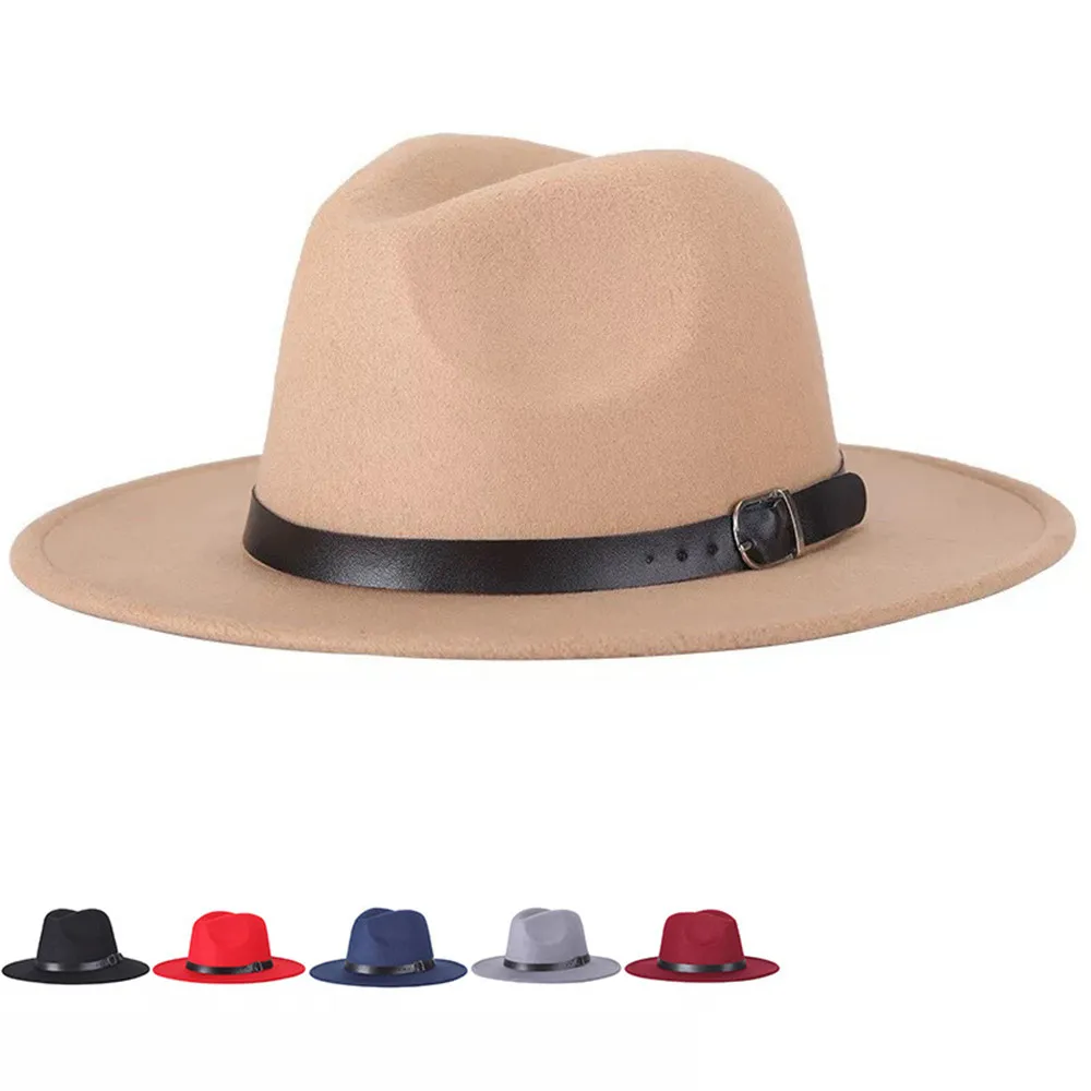 

Autumn Winter Black Men Wool Fedora Hat Wide Brim Women Faux Woolen Ladies Fedoras Jazz Hat Belt Caps Bowler Felt Hats