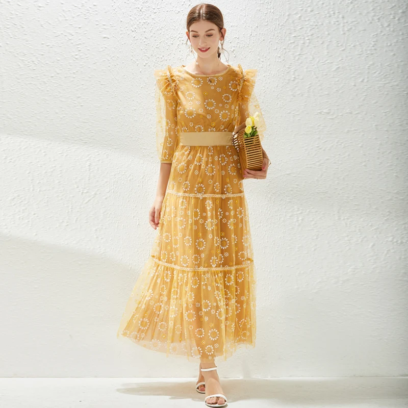 

ZUOMAN Women Spring & Summer Elegant Mesh Dress Festa High Quality Cocktail Party Robe Femme Vintage Designer Yellow Vestidos