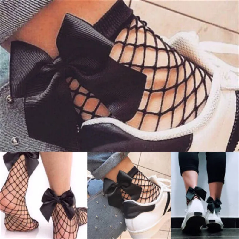 

Meihuida Sexy Popular Women's Girls Fishnet Ankle High Socks Mesh Lace Fishnet Bow Knot Black Cute Short Socks