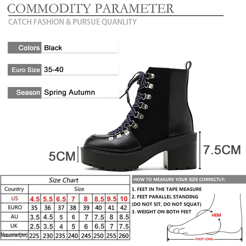 

BYQDY Chunky Heel Ankle Boots 9 Eyes Round Toe Lacing Chelsea Boots Gothic PU Leather Thick With Short Shoes Motorcycle Footwear