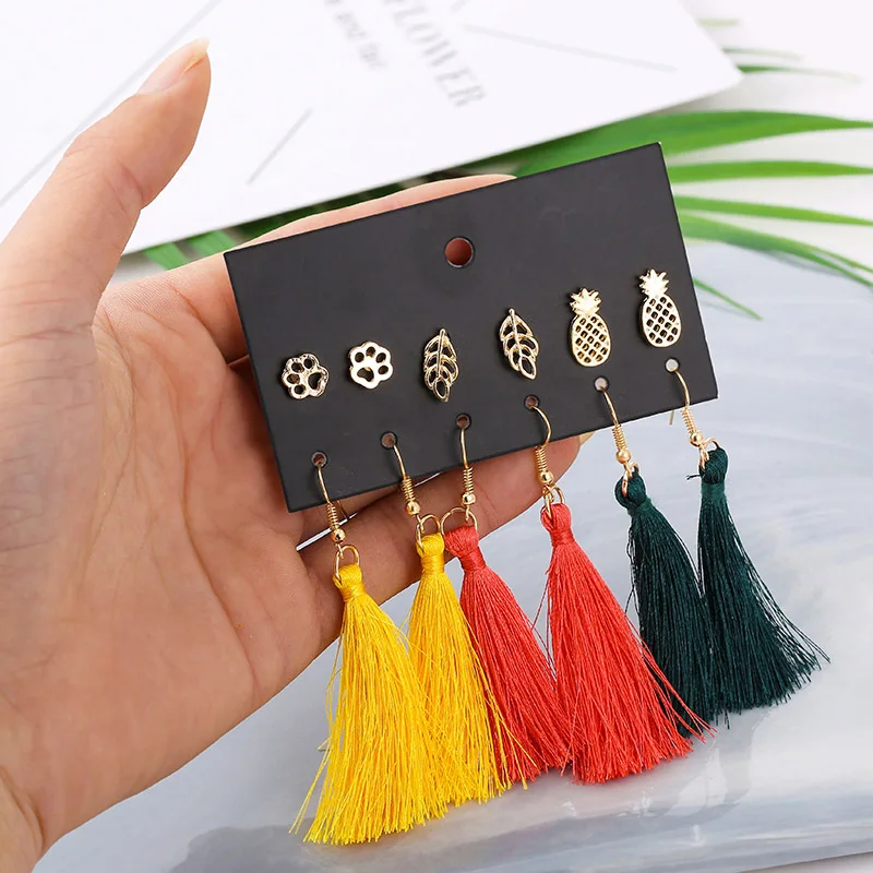 Набор серег в виде листьев из ананаса 6 парт/УП. длинные красочные серьги богемном