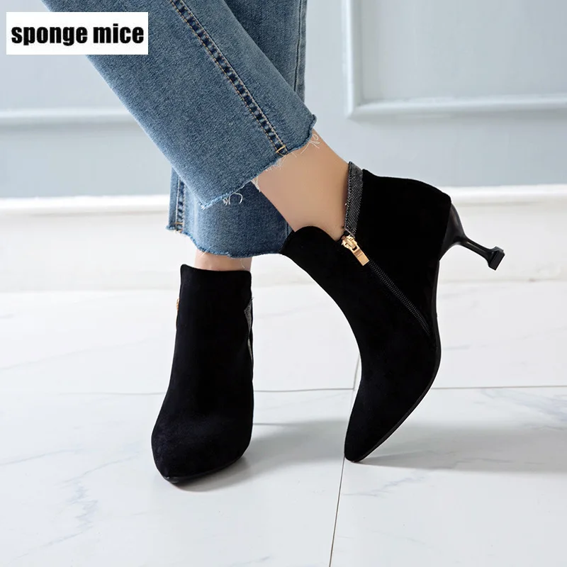 New Autumn Pointed booties female high heels Pumps women's boots stiletto slim Martin black leather N667 | Обувь