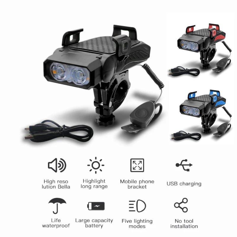 

Multifunction Bicycle Front Light, Power Bank, Horn, Mobile Phone Holder, Bike Light USB charging 200m High-beam Lighting Light