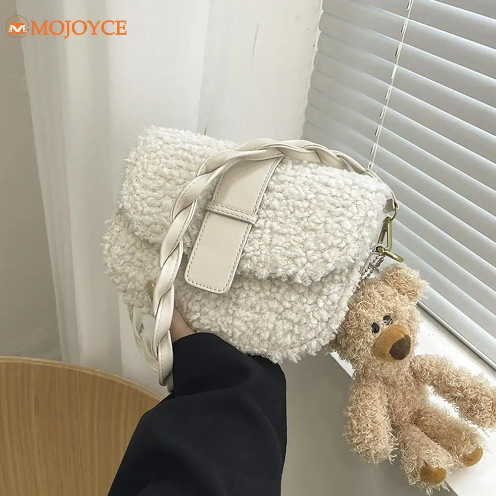 

Женская плюшевая сумка через плечо, модная однотонная женская сумка из искусственной кожи, с мультяшным медведем