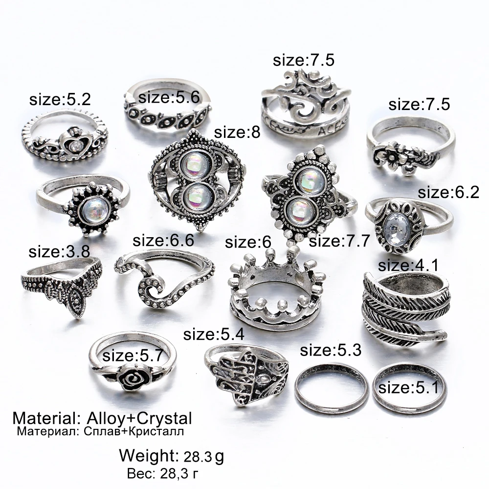 Женский винтажный набор колец с кристаллами FAMSHIN 14 богемное кольцо опалом и