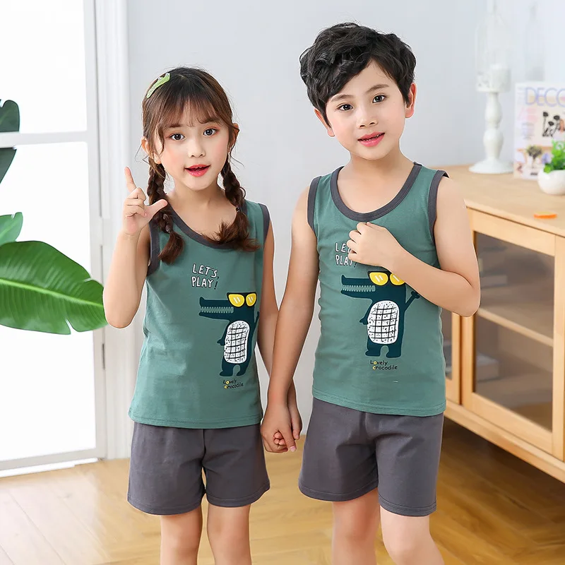 

OHMETOY Summer Children Clothes Boys and Girls Two-piece Sleeveless Shirt and Shorts Kids Cartoon O-Neck Cotton Clothes