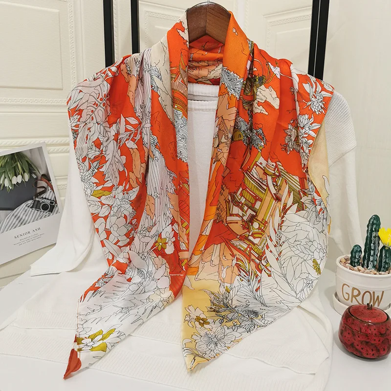 

Retro-style Printed Silk Scarf Women Square Satin Scarfs 90*90 Cm Multi-function All-match Neckerchief for Lady Hair Scarves