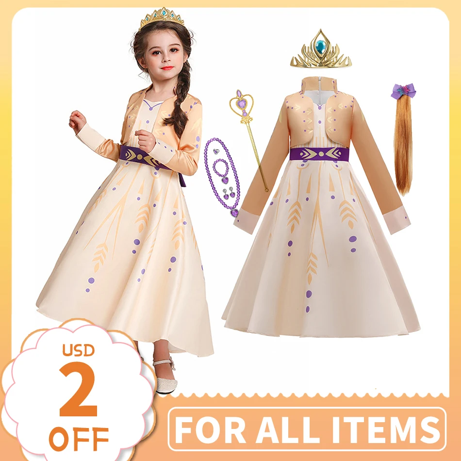 Disney Frozen Princess Anna Dress Girls Party Birthday Clothing for Baby Kids Wig Crown Gloves Halloween Cosplay Costume JYF