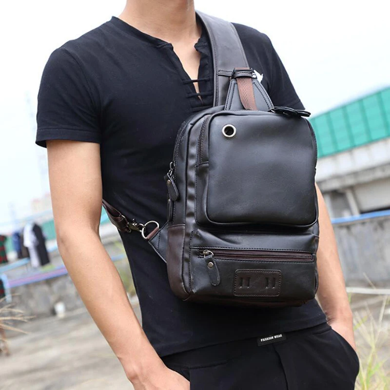 

Vintage PU Leather Men Chest Backbag Casual Fashion Male Messenger Bags Back Pack Crossbody Bags Small Sling Single Shoulder Bag