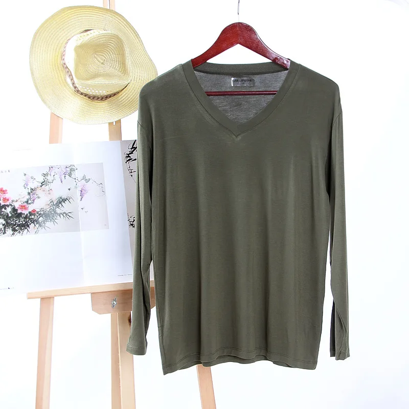 

New Spring And Summer Men's T-shirt Modal Solid Color V-neck Long-sleeved Bottoming Shirt Pajamas Simple Home Service Sleep Tops