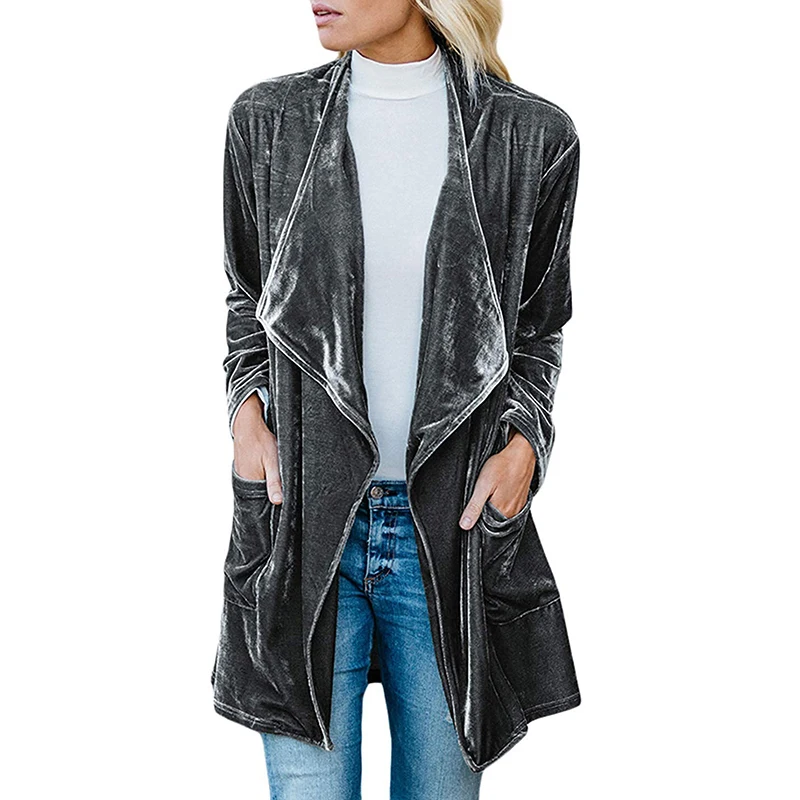 

Woman's Trench Coat Autumn Winter Solid Color Long Sleeve Casual Wild Coats Gold Velvet Long Cardigan Coat hot sale