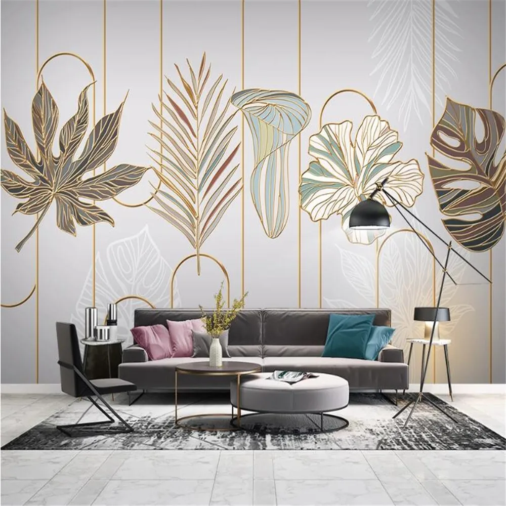 

Milofi изготовленный на заказ обои настенные 3D светильник класса люкс Северное растение лист золотистым тиснением линии ТВ фоновая настенная ...
