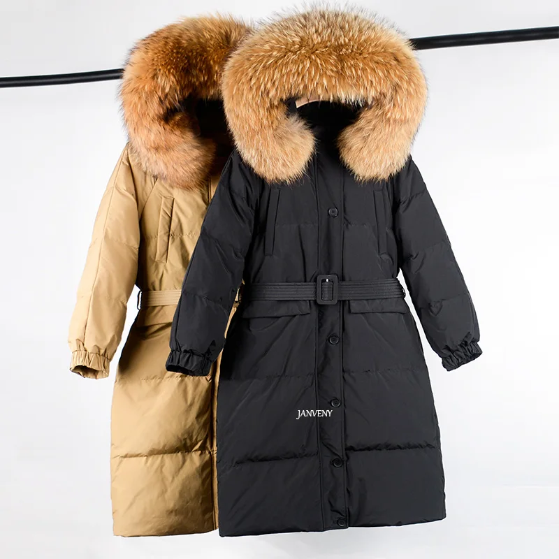 Fashion Mid-Length Hooded Parka Women Real Fur Collar Duck Down Jacket Solid Long Sleeve Sashes Over The Knee Puffer Chic Coat