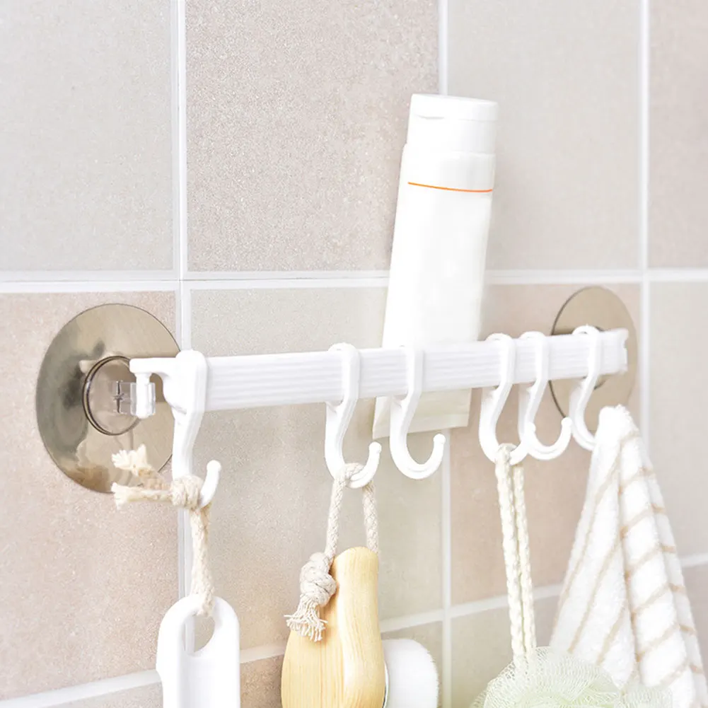 6 Even Row of Hooks Strong Adhesive Hook Kitchen Wall Hanging Creative Bathroom Nail-free Seamless Rack Hanger Shelves | Дом и сад