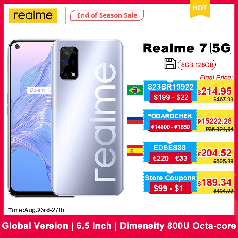 Realme 7 5G глобальная Версия Телефона 6 5 дюймов Dimensity 800U Восьмиядерный 48MP AI Quad Камера