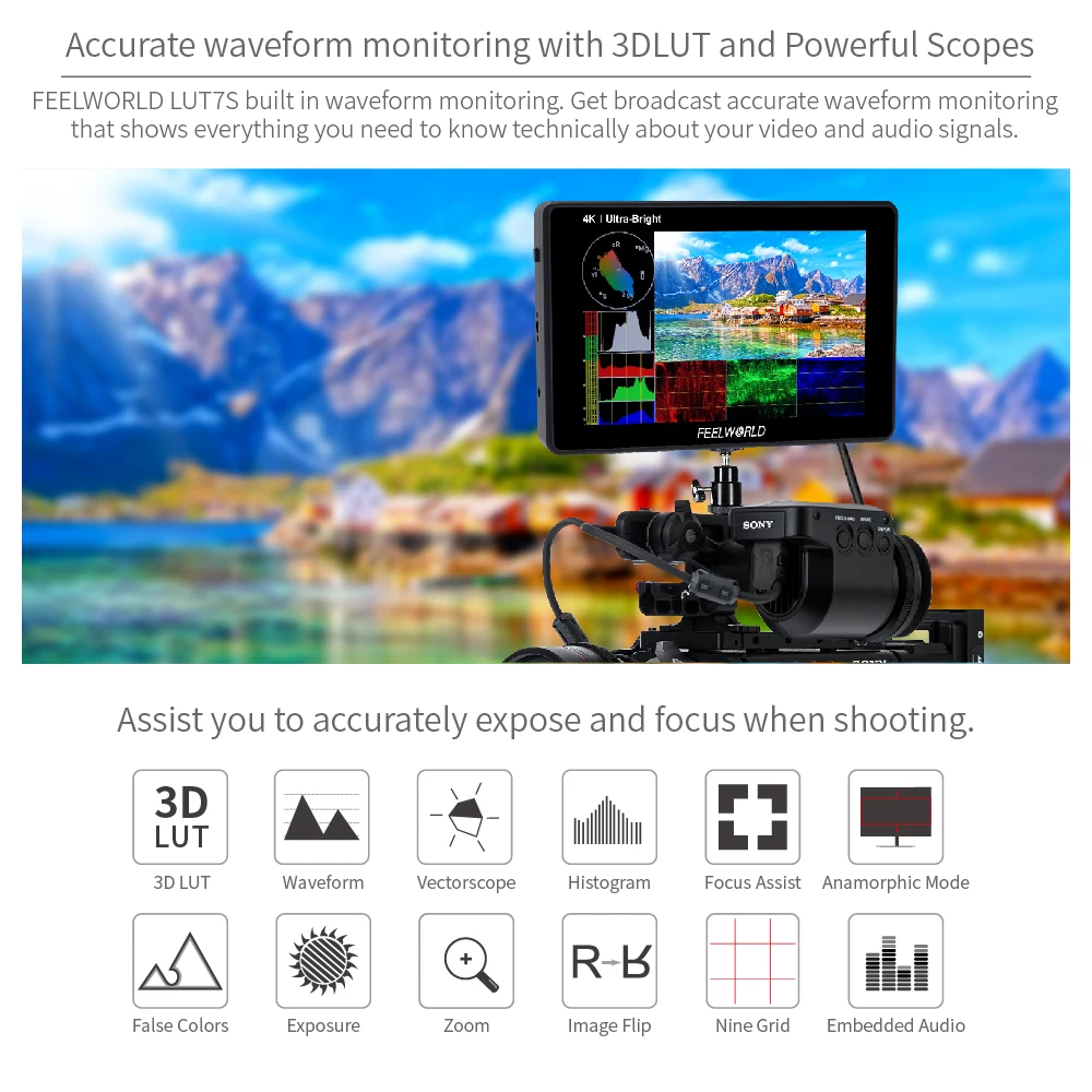 FEELWORLD LUT7S 7 &quot3G SDI 4K HDMI совместимых с 2200nit 3D LUT сенсорный Экран сигнала DSLR Камера