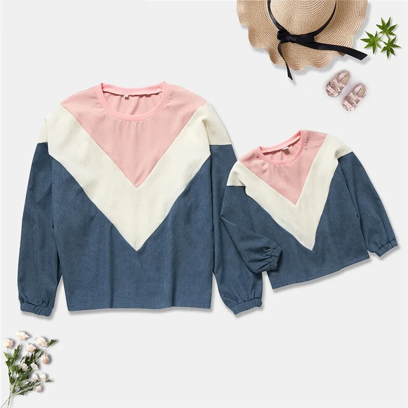 

Autumn Fashion Mommy and me corduroy sweatshirt color block O-neck pullover for mom daughter family matching clothes outfits