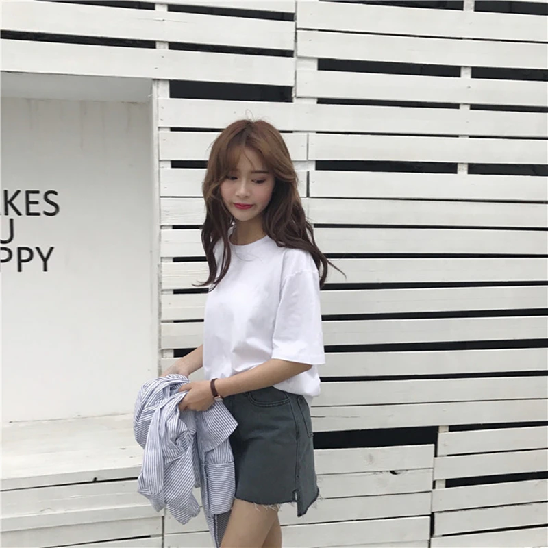 

Летняя Свободная белая футболка в Корейском стиле с коротким рукавом, Женская однотонная универсальная простая футболка, футболка для студ...
