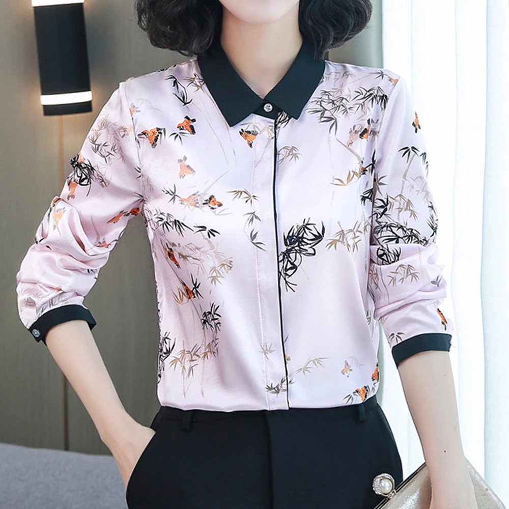 

High Quality Elegant Imitation Silk Blouse 2022 New Spring Women Fashion Long Sleeve Printed Satin Blouse Vintage Femme Clothing