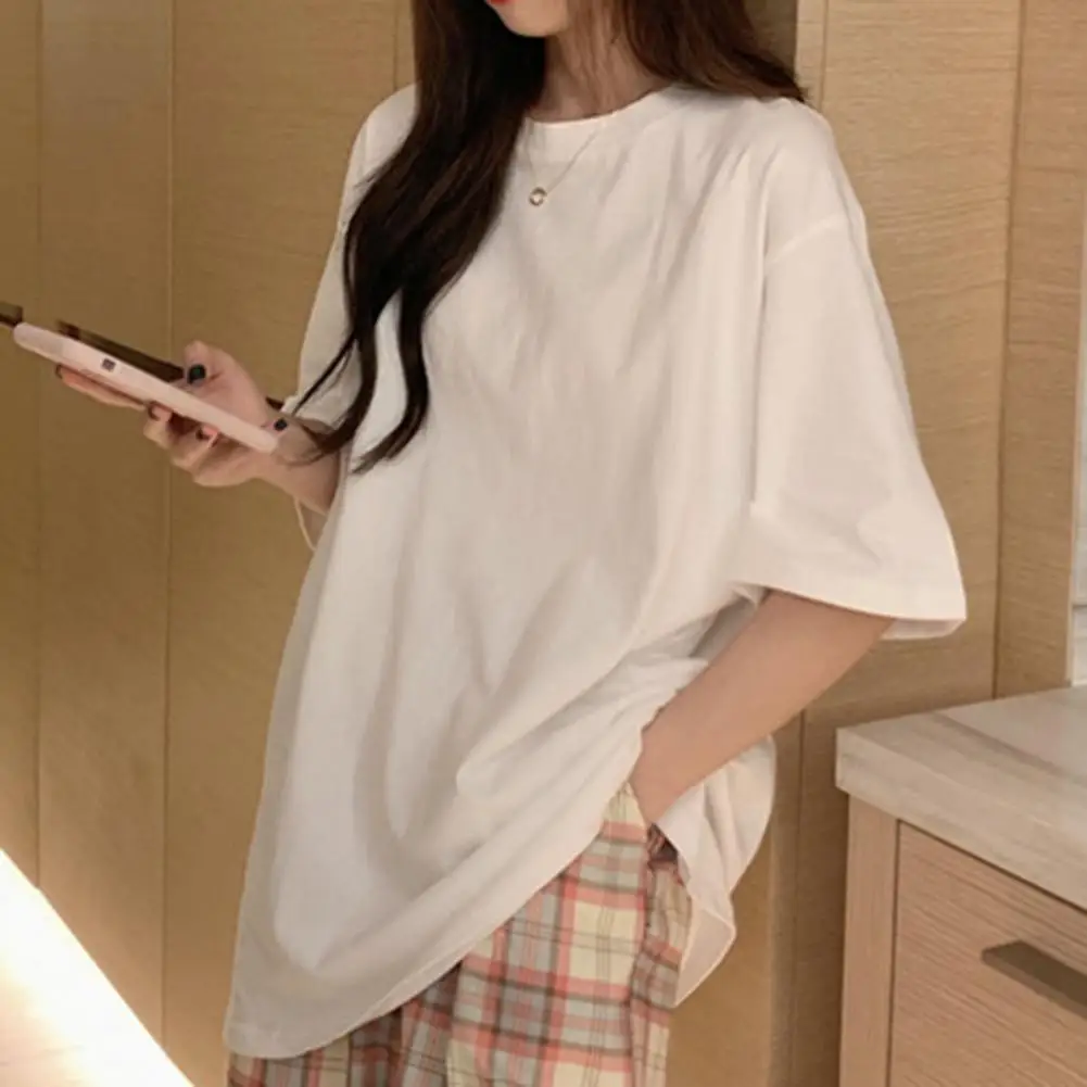 

202 New Women T-shirt O-neck Simple Short Sleeves Loose Tee Shirt Streetwear Solid Basic T Shirt Casual Top