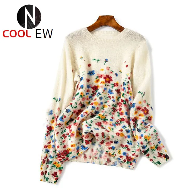 

Women Wool Mohair Blend Knitting Intarsia Printed Jumper Pullover Sweater