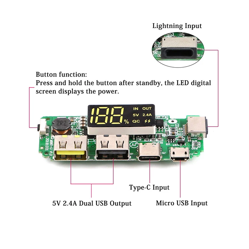 Светодиодный двойной USB 5V 2.4A Micro/Type-C мобильный Банк питания 18650 зарядный Модуль