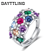 bayttling hot selling silver color whiteblack flower round zircon ring for women fashion wedding gift jewelry