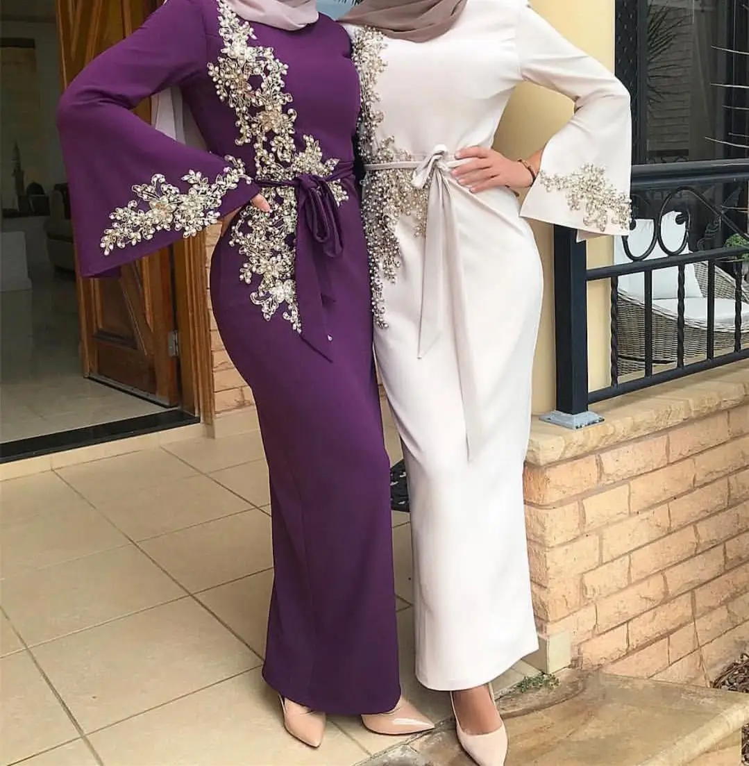 Dubai Slim Muslim Dress Women Lace Abaya Beading Applique Islamic Clothing Elegant | Женская одежда