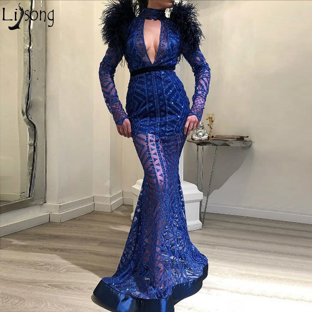 

Luxury Royal Blue Dubai Prom Dresses 2020 Long Mermaid High Neck Sparkly Evening Party Dress Illusion Robe De Soiree Feathers