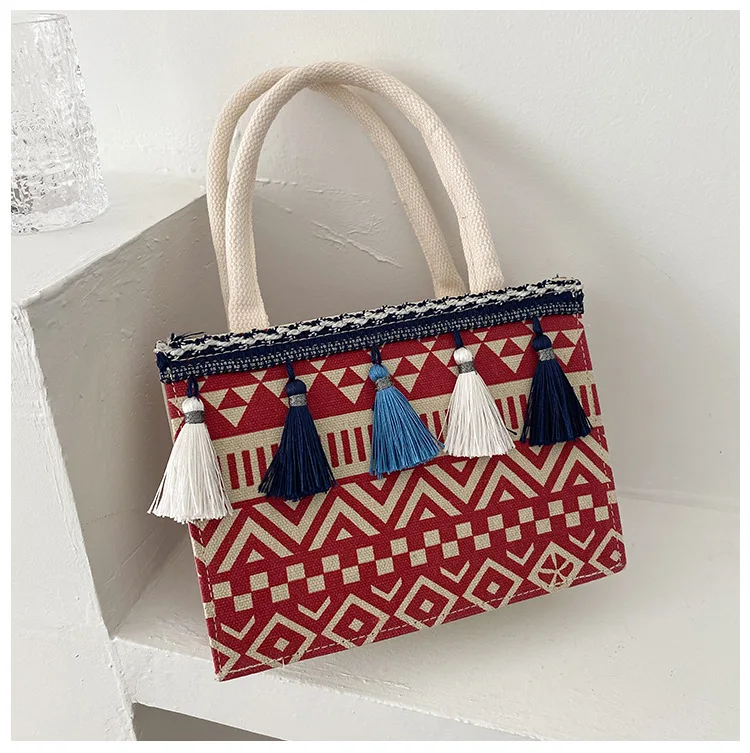 

National Wind Totes Bags Women Large Capacity Handbags Shoulder Bag Female Retro Daily Tote Lady Geometric Figure Tassel Handbag