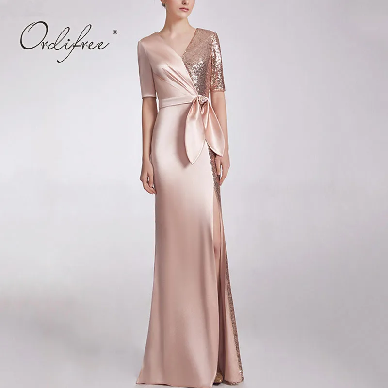 

Женское длинное атласное платье Ordifree, элегантное винтажное Вечернее Платье макси с разрезом, коротким рукавом, бантом на поясе и золотыми блестками, лето 2022