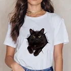 Женская футболка с коротким рукавом, черная футболка большого размера с изображением кота
