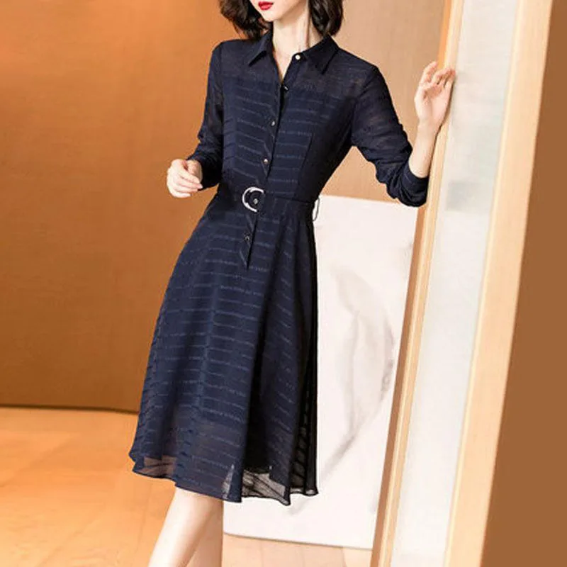 Элегантные женские полосатые платья на пуговицах повседневные с длинным рукавом