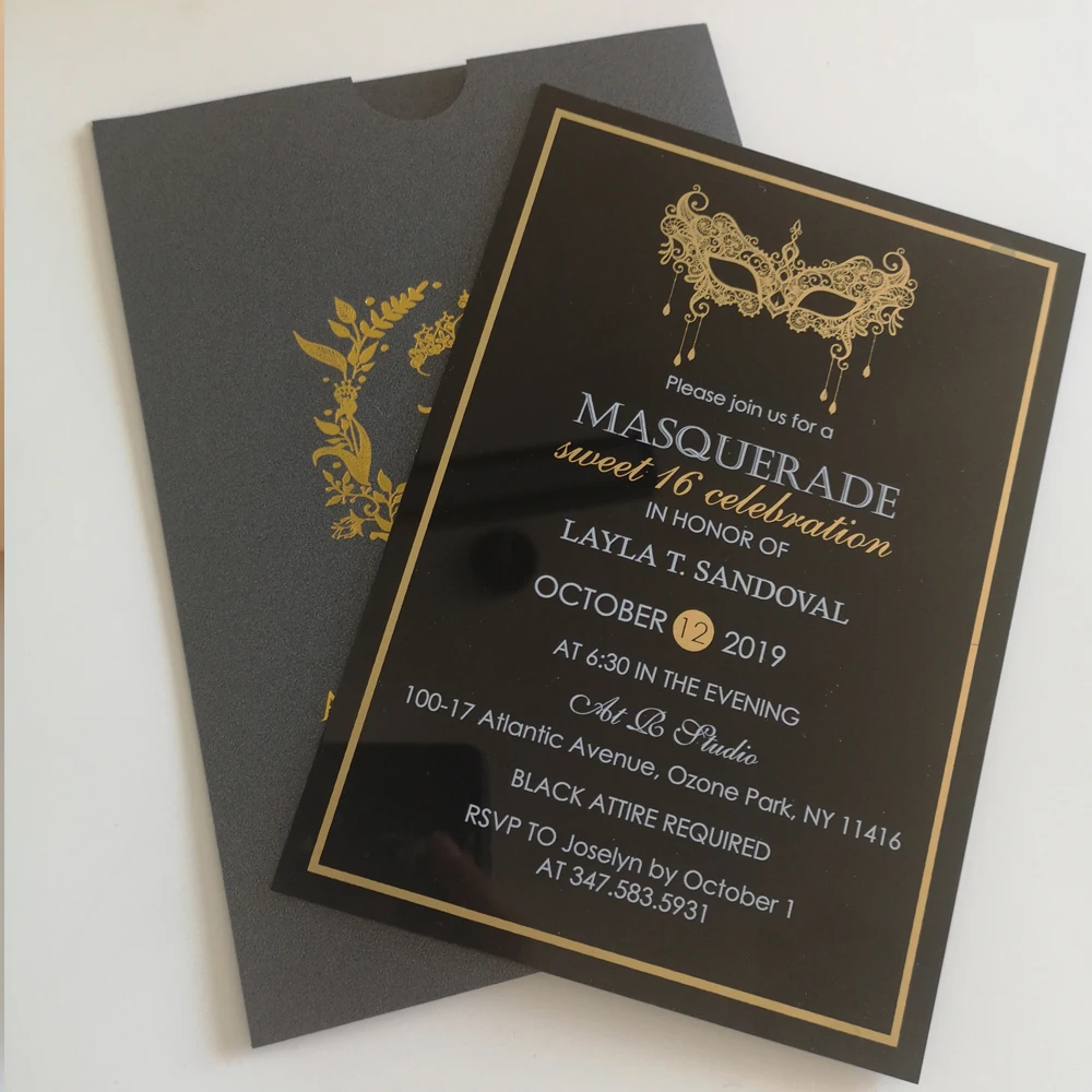 10pc/lot High quality UV Printing Eco-Friendly inks Screen Gold Foil Mask Black Acrylic Card Wedding Invitation | Дом и сад