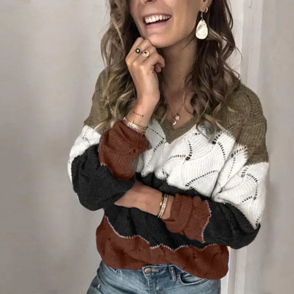 Свитер женский трикотажный с V-образным вырезом и длинным рукавом | Женская