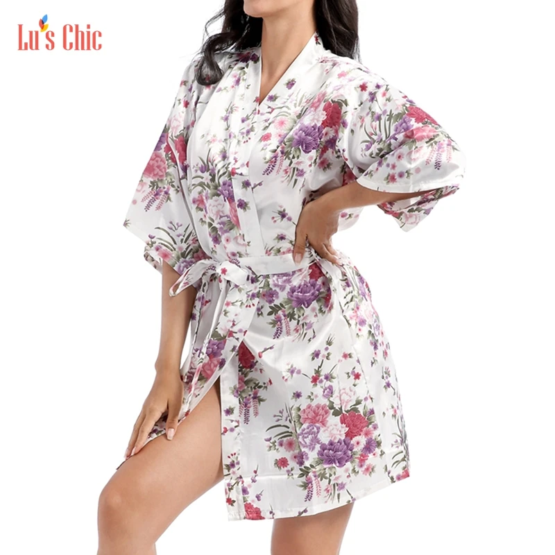 

Женский Атласный халат-кимоно Lu's Chic, пикантный банный халат, короткий цветочный легкий Свадебный Халат