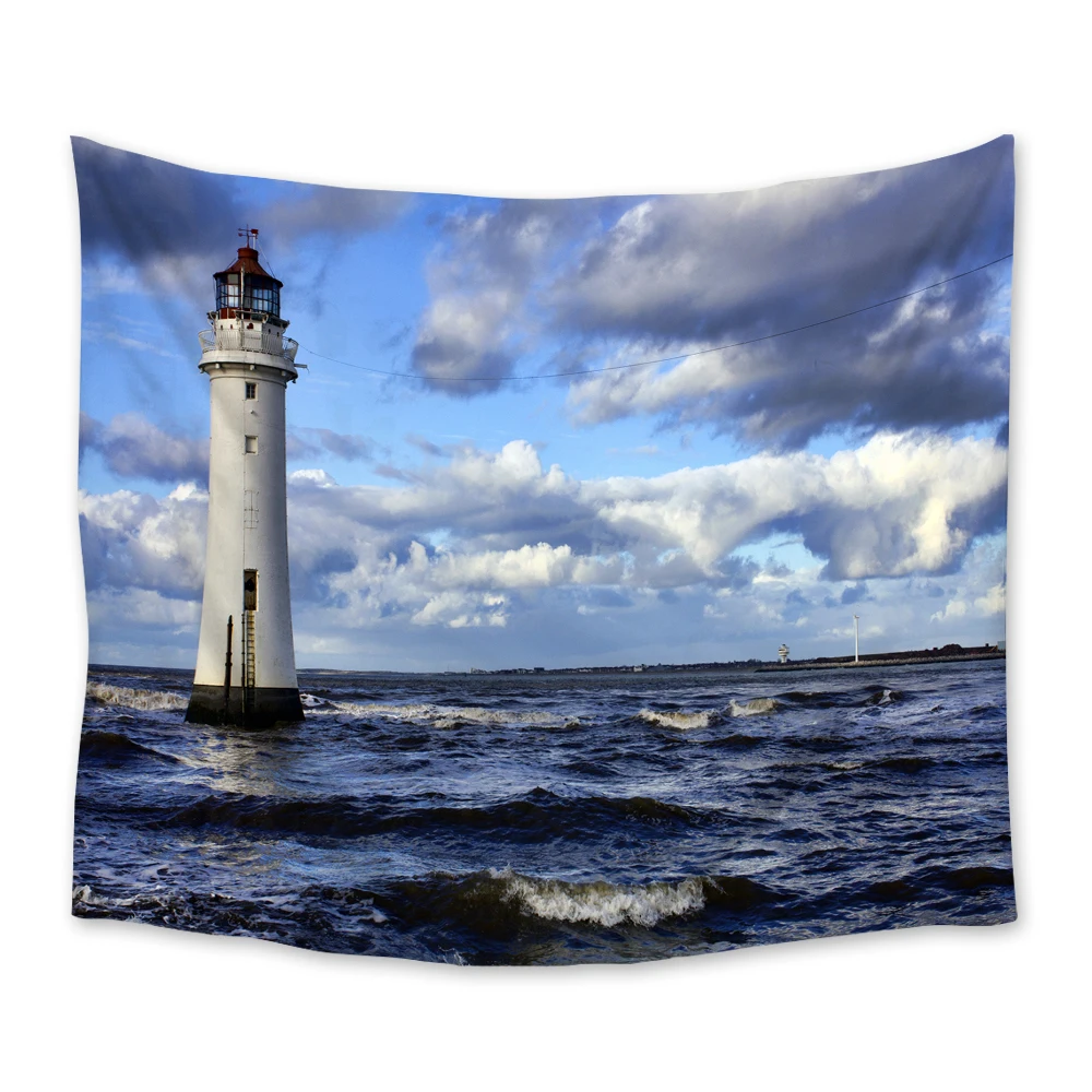 

Scenic Lighthouse Sea Wave Clouds Tapestry Wall Hanging Polyester Home Bedroom Decor Bedspread Beach Mat Blanket Yoga Mat