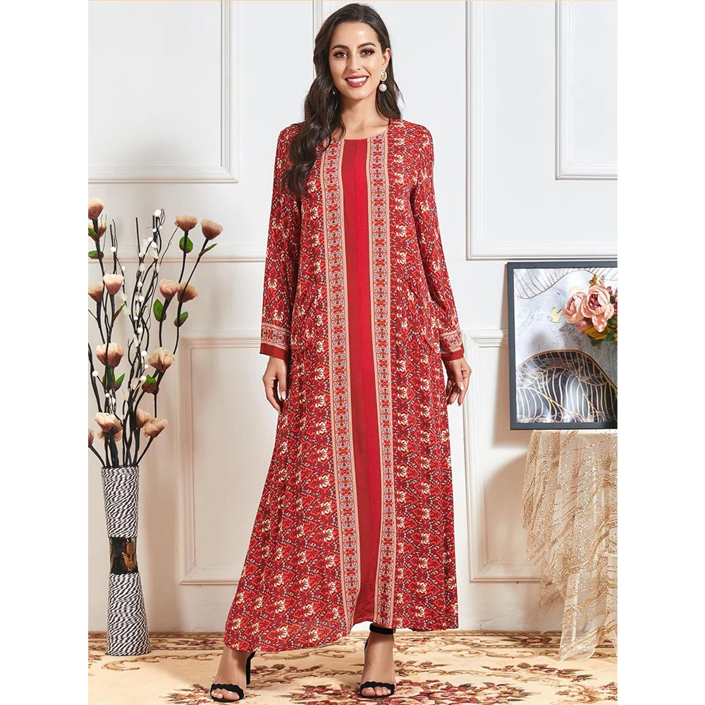 

Islamic Ramadan Dubai Muslim Women Long Dress Ethnic Vintage Floral Printed Abaya Maxi Robe Kaftan Arab Jilbab Long Sleeve Gown