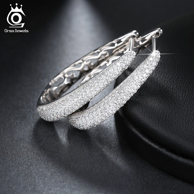 ORSA JEWELS Роскошные Серьги-Кольца Серебряный Цвет Украшенные ААА Австрийским Фианитом Для Женщин Модная Бижутерия Стиль ОЕ139